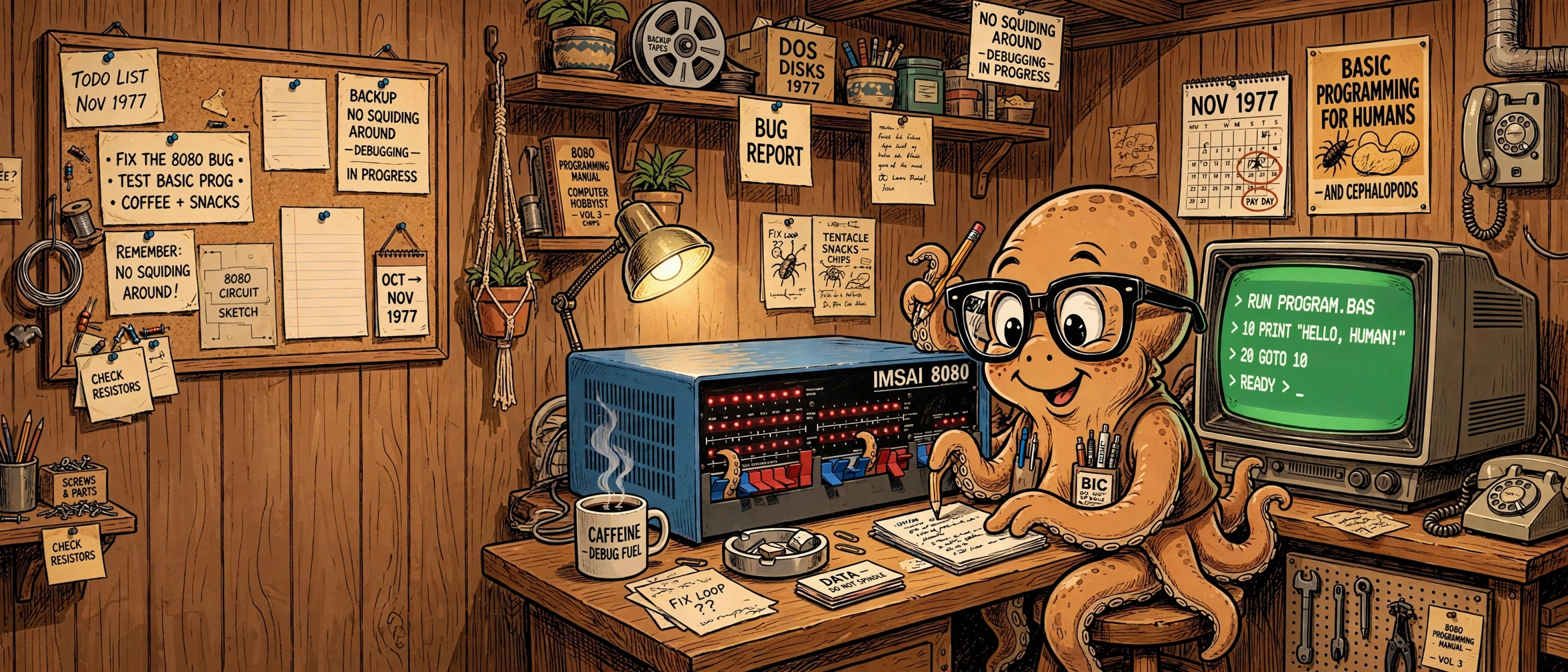 The octopus founder programming an IMSAI 8080 in 1977
