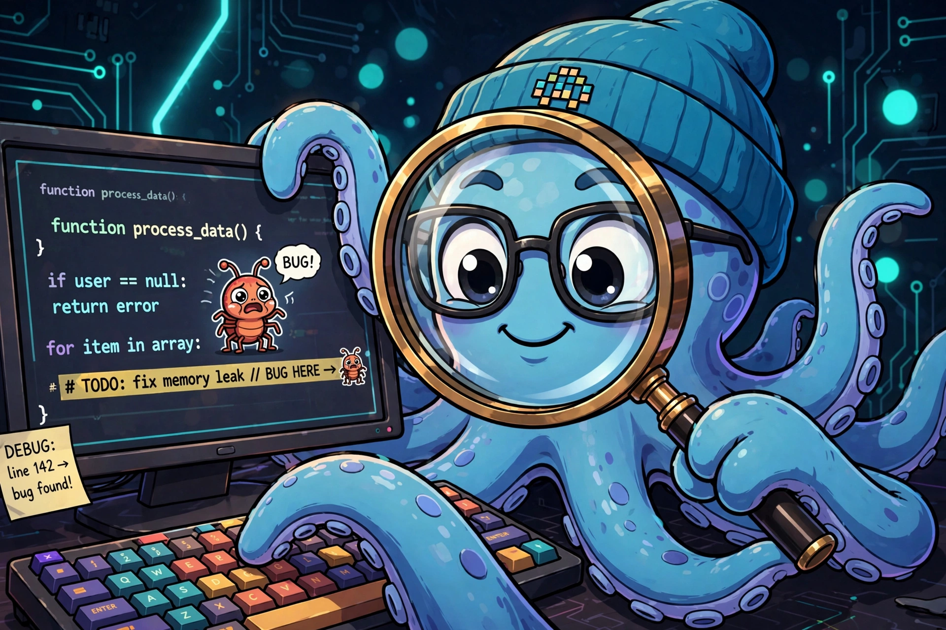 The octopus mascot hunting down a bug with a magnifying glass